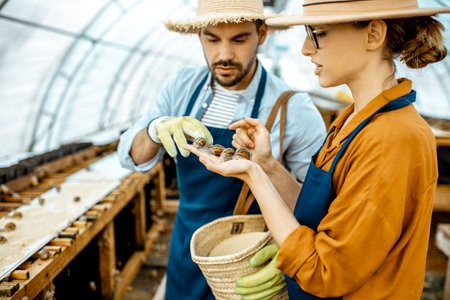 Two young beautifully dressed farmers examining snails growing process in the hothouse of the farm....