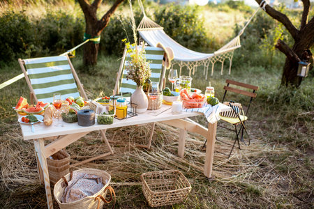 Beautifully decorated lunch table with food, drinks and flowers in the garden