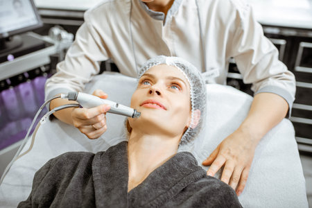 Cosmetologist making vacuum hydro peeling on the cheek area to a woman at the luxury beauty salon....