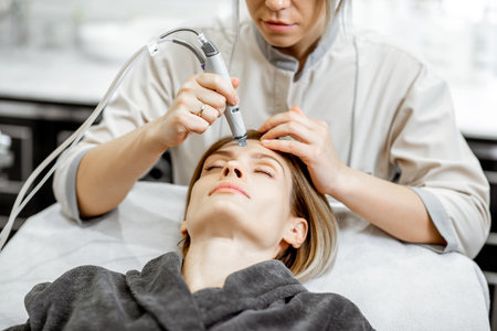 Cosmetologist making vacuum hydro peeling on the forehead region to a woman at the luxury beauty...