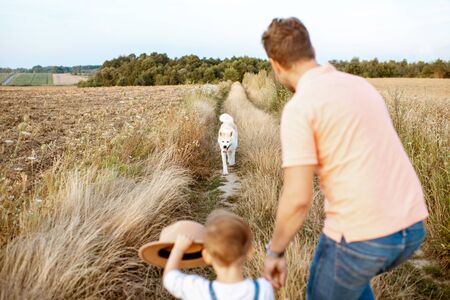 Father and young son walking keeping hands together on the field, dog running on the backgroundの写真素材