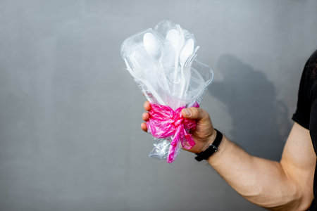 Man holding a bouquet made of plastic garbage on the gray background. Concept of non-recyclable...
