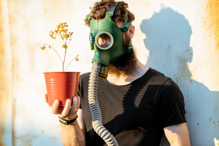 Portrait of a sad man with gas mask holding dried flowerpot on the grey rusty background. Concept of...