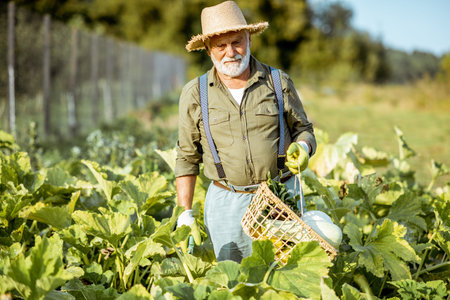 Portrait of a senior well-dressed agronomist with basket full of freshly picked up vegetables on the...