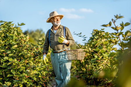 Senior well-dressed man as a gardener collecting blackberries on the beautiful plantation during the...
