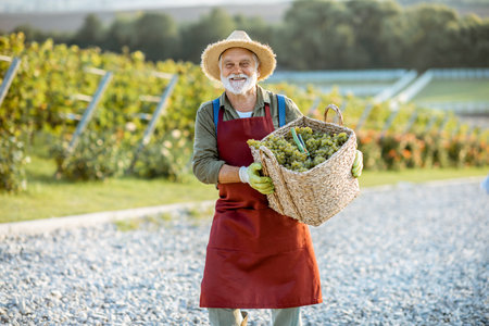 Senior well-dressed winemaker walking with basket full of freshly picked up wine grapes, harvesting on the vineyard during a sunny eveningの写真素材