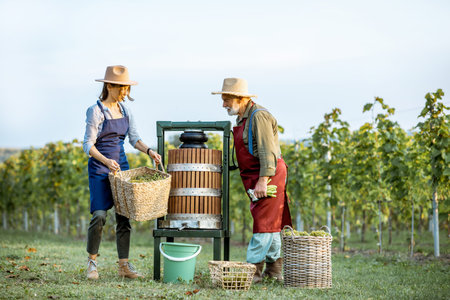 Senior man and young woman as winemakers squeezing grapes with press machine on the vineyard,...