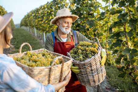 Senior man with young woman carrying baskets full of freshly picked up wine grapes on the vineyard,...