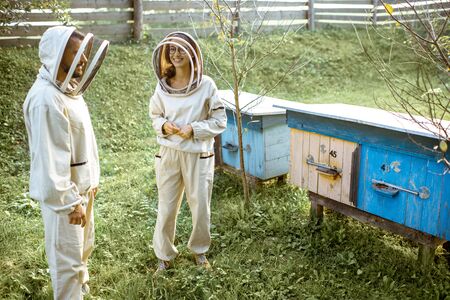 Two young beekepers in protective uniform working on a small apiary farm with wooden beehives on the backgroundの写真素材