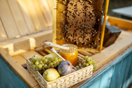 Composition of sweet fruits and jar with honey on the beehive with honeycomb on the background