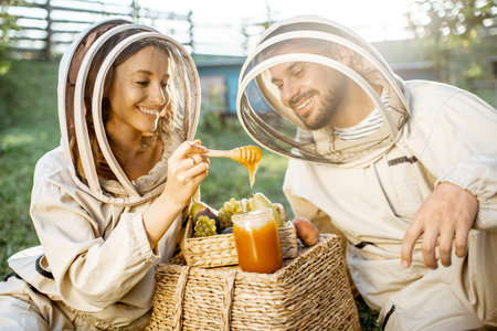 Portrait of a two cheerful beekeepers in protective uniform with honey products and sweet fruits on the apiary on a sunny eveningの写真素材