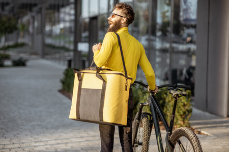 Young courier delivering food in a yellow thermo bag, walking with bicycle on the street in the...
