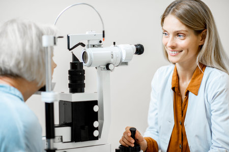 Cheerful ophthalmologist examining eyes of a senior patient using microscope during a medical...