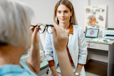 Female ophthalmologist consulting senior woman, advising eyeglasses for a vision in the...