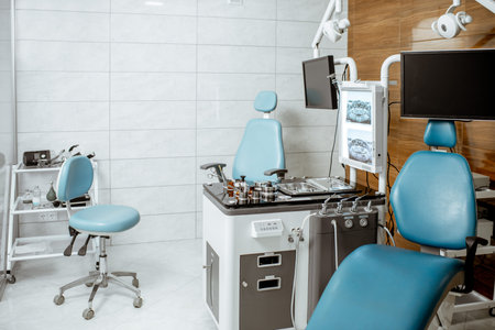 Otolaryngology office interior with ENT workstation and diagnostic equipmentの写真素材