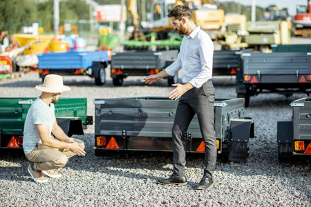 Agronomist with salesman choosing a new farm truck trailer, standing on the open ground of the...