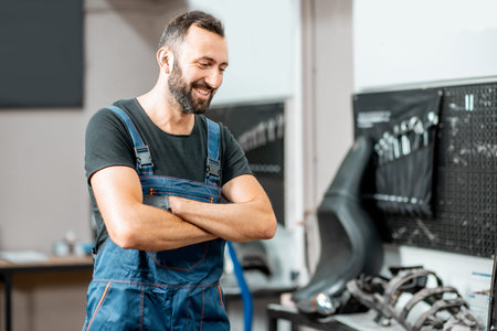 Portrait of a handsome cheerful service worker in working overalls in the workshop for motorcycles repairmentの写真素材