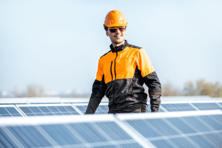 Well-equipped worker in protective orange clothing examining solar panels on a photovoltaic rooftop...