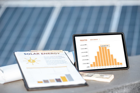 Composition of drawings and digital tablet with a chart of electricity production on a solar power...