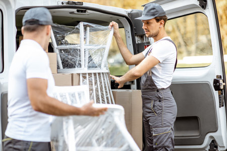 Delivery company employees unloading cargo van vehicle, delivering some goods and furniture to a...