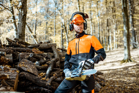 Portrait of a handsome professional lumberjack in protective workwear with a chainsaw in the forest