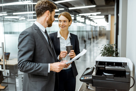 Business man and woman talking near the copier during a coffee break in the hallway of the big...