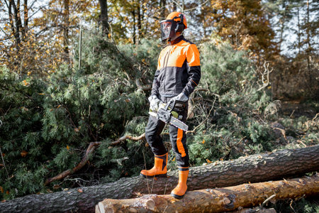 Full length portrait of a professional lumberjack in protective workwear walking with chainsaw on...