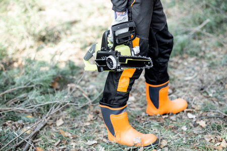 Lumberman in protective clothes and boots carrying chainsaw, close-up with no face