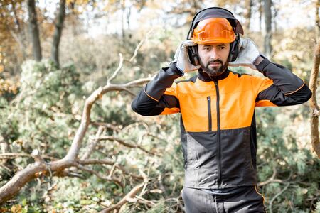 Waist-up portrait of a professional lumberman wearing protective clothes, preparing for logging work in the pine forestの写真素材