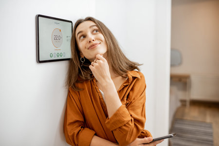 Portrait of a young happy woman near a touch screen panel for a smart home control. Concept of a...