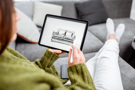 Woman designing furniture, sketching sofa on a digital tablet with wireless pen at home, close-up on...