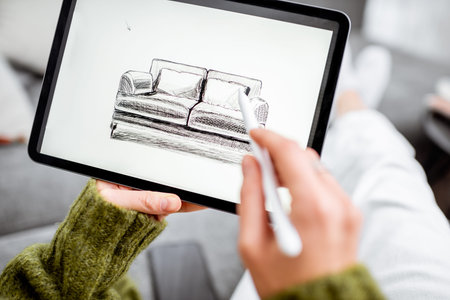 Woman designing furniture, sketching sofa on a digital tablet with wireless pen at home, close-up on...