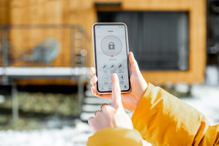 Holding phone with launched alarm app on the house background outdoors. Concept of controlling and...