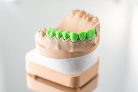 Close-up on plaster model of artificial jaw with teeth painted in green on the mirror background....