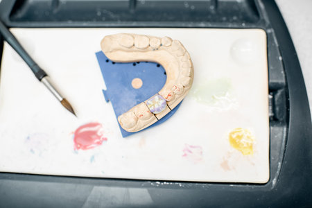 Colored dental prosthesis with a paint brush at the working place in the laboratory. Concept of implantats producing and dental artの写真素材
