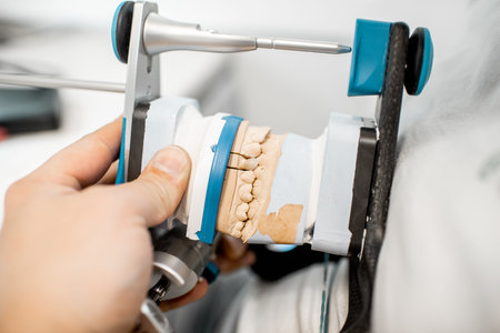 Dental technician working with articulator and jaw model at the laboratory, close-up view