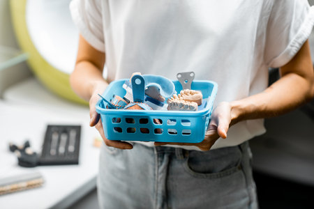 Dental technician with container full of various artificial jaw models, impressions and dental...
