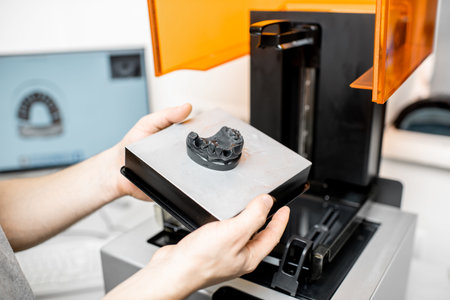 Dental technician removing jaw model from a 3d printer at the laboratory, modeling frame for implant...
