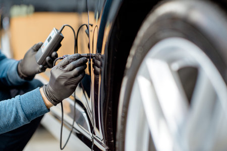 Inspector measuring paint cover thickness of the car body at the vehicle service box, close-up view...