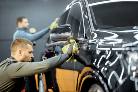 Car service workers wiping vehicle body with microfiber, examining glossy coating after the...