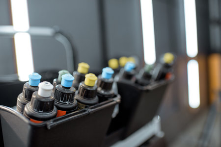 Toolbox with colorful wax tubes for car polishing at the vehicle service