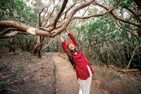 Lifestyle portrait of a woman dressed casually in red clothes enjoying while traveling in the rainforest, hanging on the tree branchの写真素材