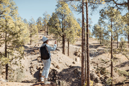 Stylish woman enjoying beautiful landscapes on volcanic rocks in the pine woods, traveling high in...