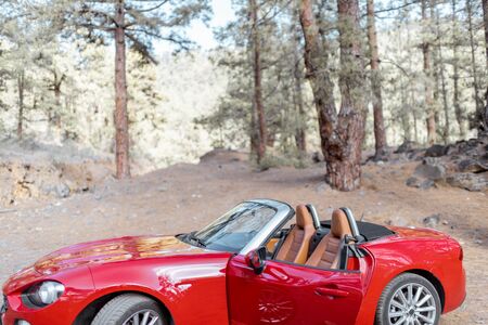 Beautiful red convertible sports car on the roadside in the forestの写真素材