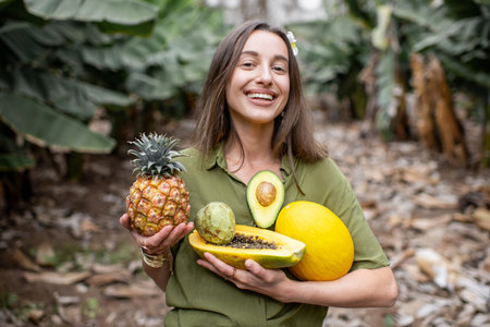 Portrait of a young smiling woman with exotic food outdoors, holding ananas, papaya, melon, avocado...