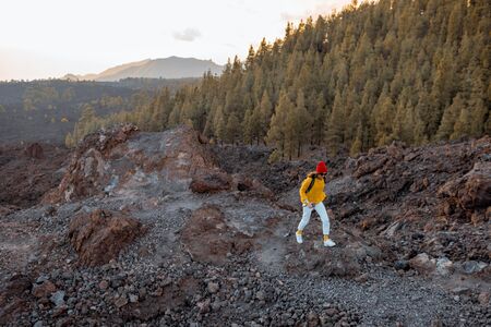 Volcanic landscapes on a sunset, woman walking on the rocky land while traveling on the islandの写真素材