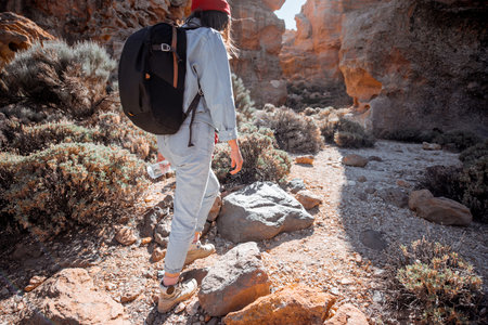 Young female traveler walking on the rocky terrain between huge rocks volcanic origin during a sunny day. Traveling on Tenerife island, Spainの写真素材