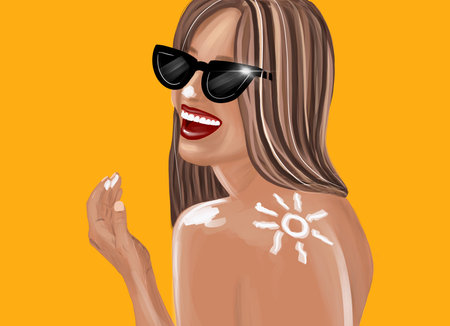 Hand-drawn portrait of a young woman with sun shape on the shoulder on the yellow background....