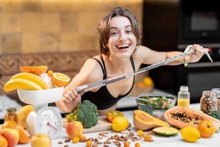 Portrait of a joyful sports woman with lots of healthy fresh food on the kitchen. Concept of losing...