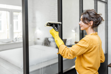 Happy woman washing glass partitions with a special cleansing device at home. Concept of a...